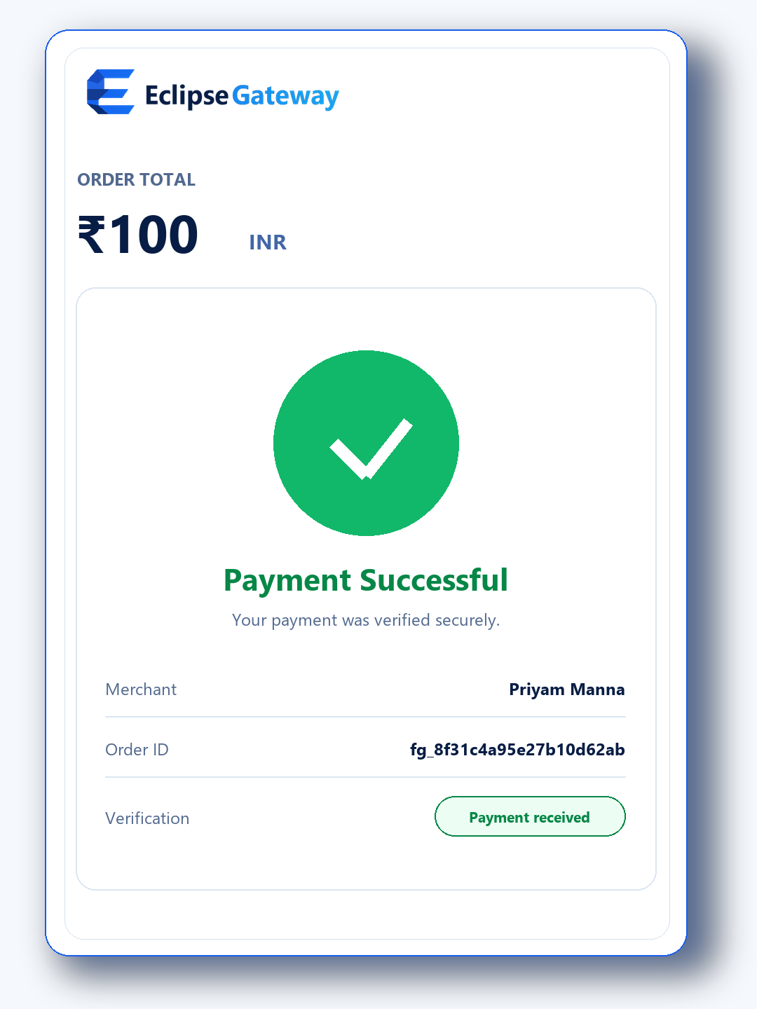 Eclipse Gateway payment confirmed